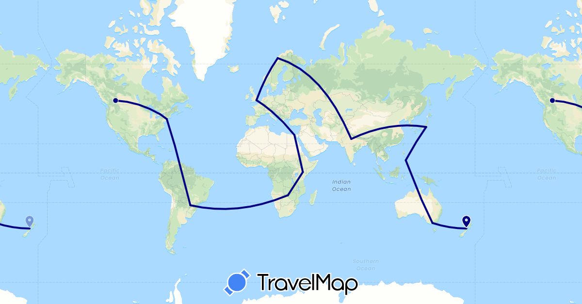 TravelMap itinerary: driving in Argentina, Australia, Canada, Egypt, United Kingdom, India, Italy, Japan, Kenya, Norway, New Zealand, Philippines, United States, Zambia (Africa, Asia, Europe, North America, Oceania, South America)